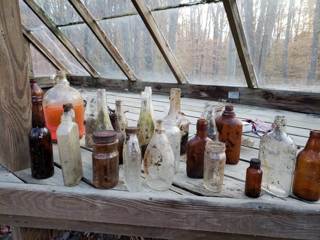 Collection of vintage bottles sitting in the greenhouse